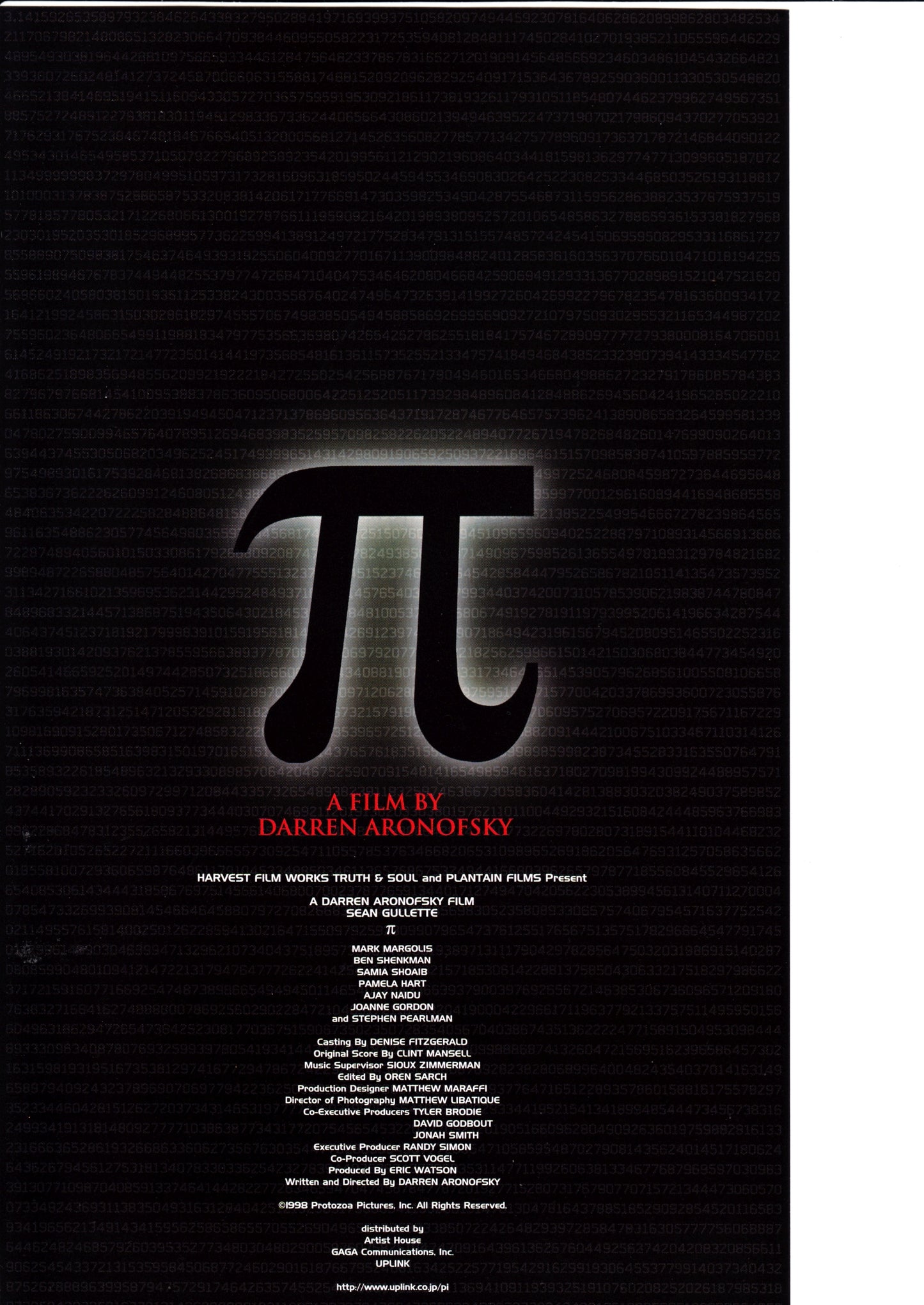 Pi Japanese Chirashi Mini Ad-Flyer Poster 1998 A Aranofski