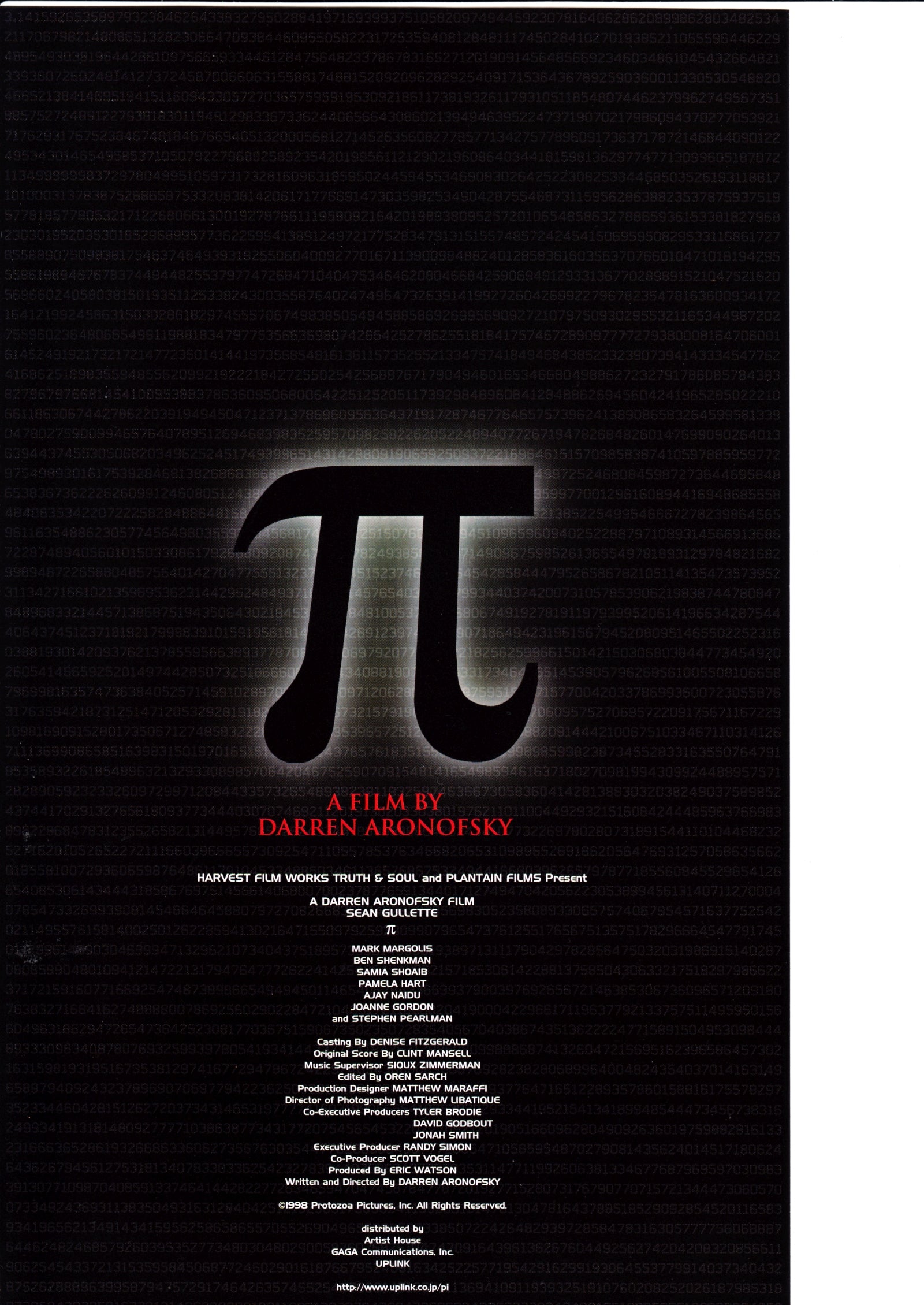 Pi Japanese Chirashi Mini Ad-Flyer Poster 1998 A Aranofski